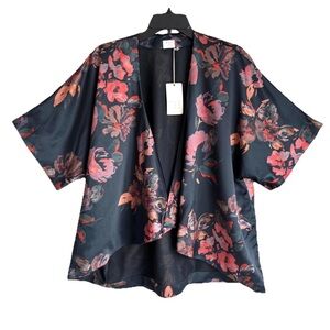A New Day Black Open Front Satin Floral Kimono